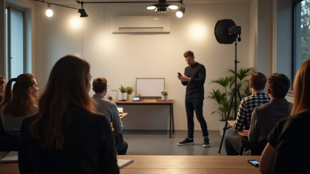 Studenti un instruktors fotogrāfijas stundā, mācību vide ar modernu aprīkojumu